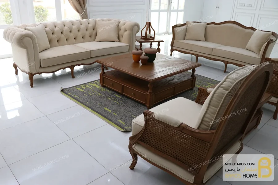 ست مبلمان کلاسیک ترکیبی مدل راشل پلاس و چستر کد ۴ خرید مبل باروس 4