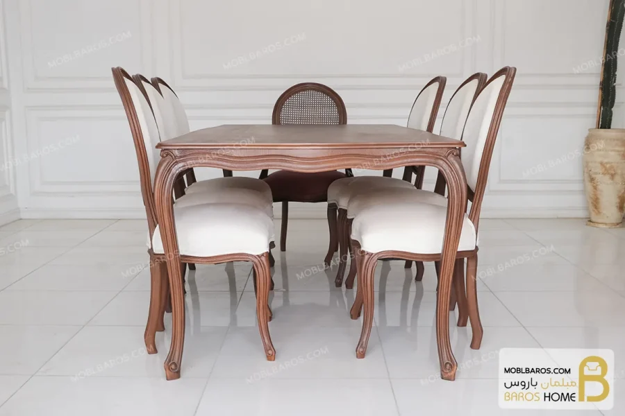 میز ناهار خوری چوبی ابزاری با صندلی راشل پایه سم آهویی کد ۳ خرید مبل باروس 110 (3)